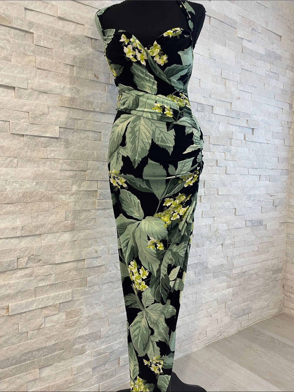Norma Kamali Halter Black Maxi Dress with Green Leaf & Yellow Floral Print